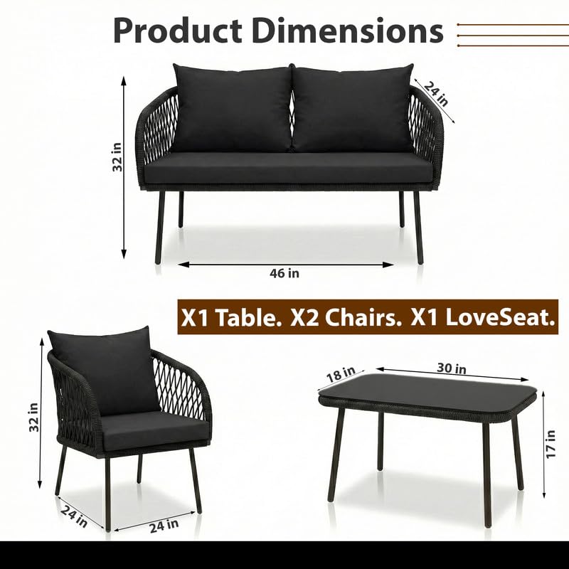 Image of OUTLIVING Braid Rope & Metal Frame Outdoor 4-Seater Sofa Set with Tempered Glass Top Center Table, Water-Repellent Cushions & Handwoven Design for Patio, Garden and Balcony (Black)