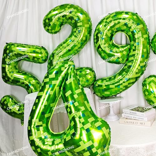 Image of 40 inch giant Green pixel miner game number 7 balloon | Large mining theme foil balloon 0-9 for pixel game parties children's birthdays party anniversary baby shower decoration