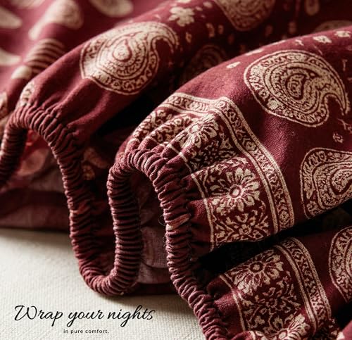 Image of VAS COLLECTIONS 180 TC Cotton Fitted Bedsheet Double Bed (72x78+8 Inches) with 2 Pillow Covers - Soft Breathable Skin Friendly Jaipuri Printed Elastic Fitted Bed Sheet, Wine