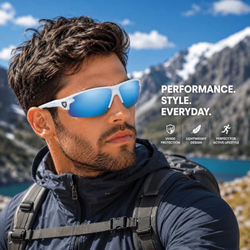 Image of Sports Sunglasses, Blue Lens /White | Full-Coverage UV400 Protection, Hydrophobic Mirrored Lens, Lightweight Shatterproof Design, Mercury