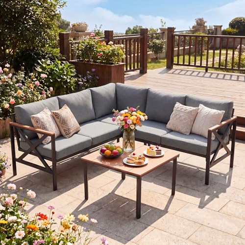 eslohnt Metal Gartenmöbel Set 6-Teiliges L-Form Outdoor Sofa mit Couchtisch und 10cm Olefin-Schaumstoffkissen Wetterfest Lounge für Garten Terrasse Pool Unterhaltungssets bis 6 Personen Grau