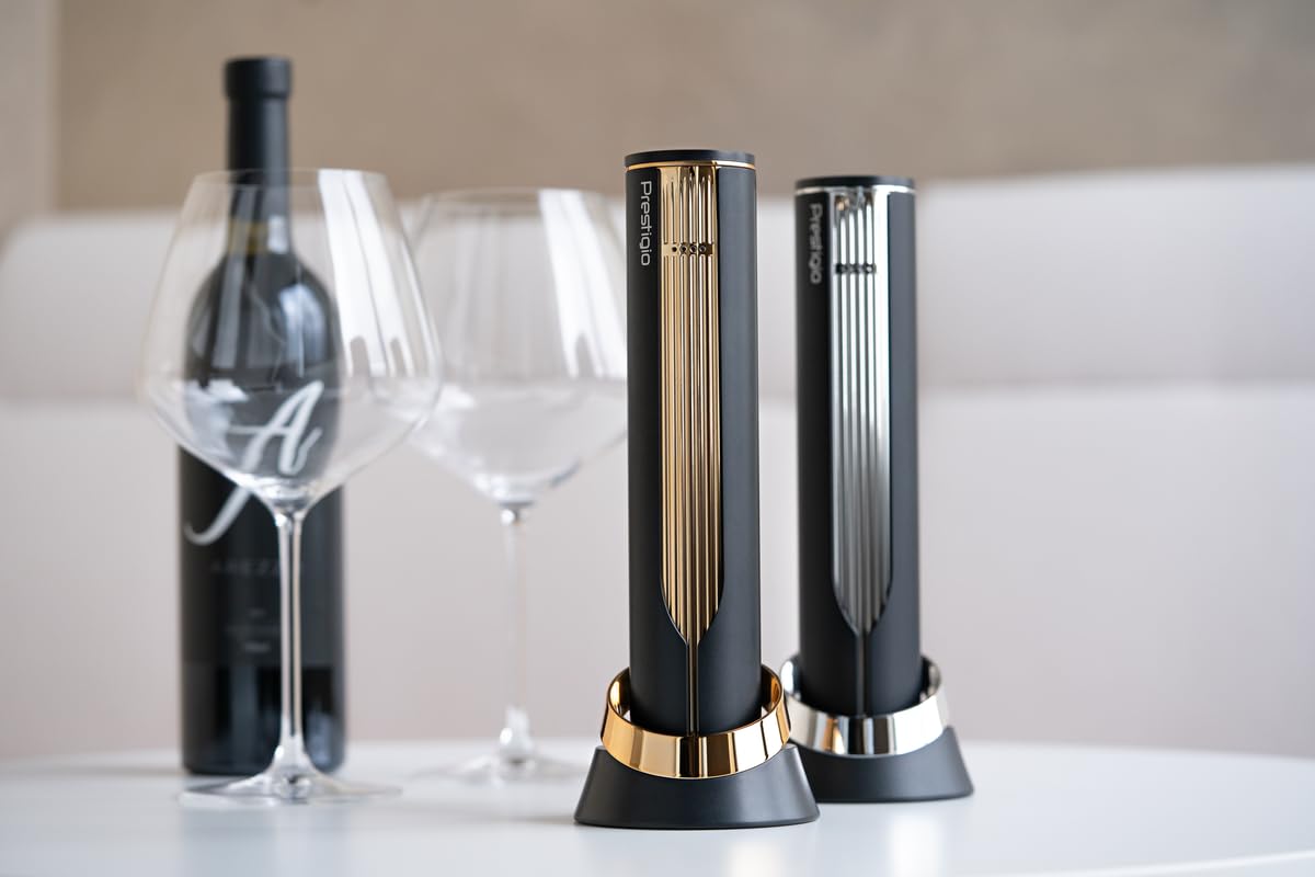 Prestigio Maggiore Elektrischer Korkenzieher - Premium Wein Flaschenöffner mit Ladestation - Integrierter Folienschneider - Verpackt in hochwertiger Geschenkbox - Schwarz/Gold