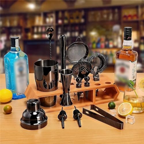 Set de coctelera con rack de madera, 19 piezas acero inoxidable miniatura 3