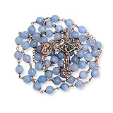 Nazareth Store Natural Stone Beads 8mm Rosary Necklace Antique Copper Design Holy Soil Medal & Cross in Velvet Bag - Catholic Rosaries Terra Santa Jerusalem Collection (Aquamarine)