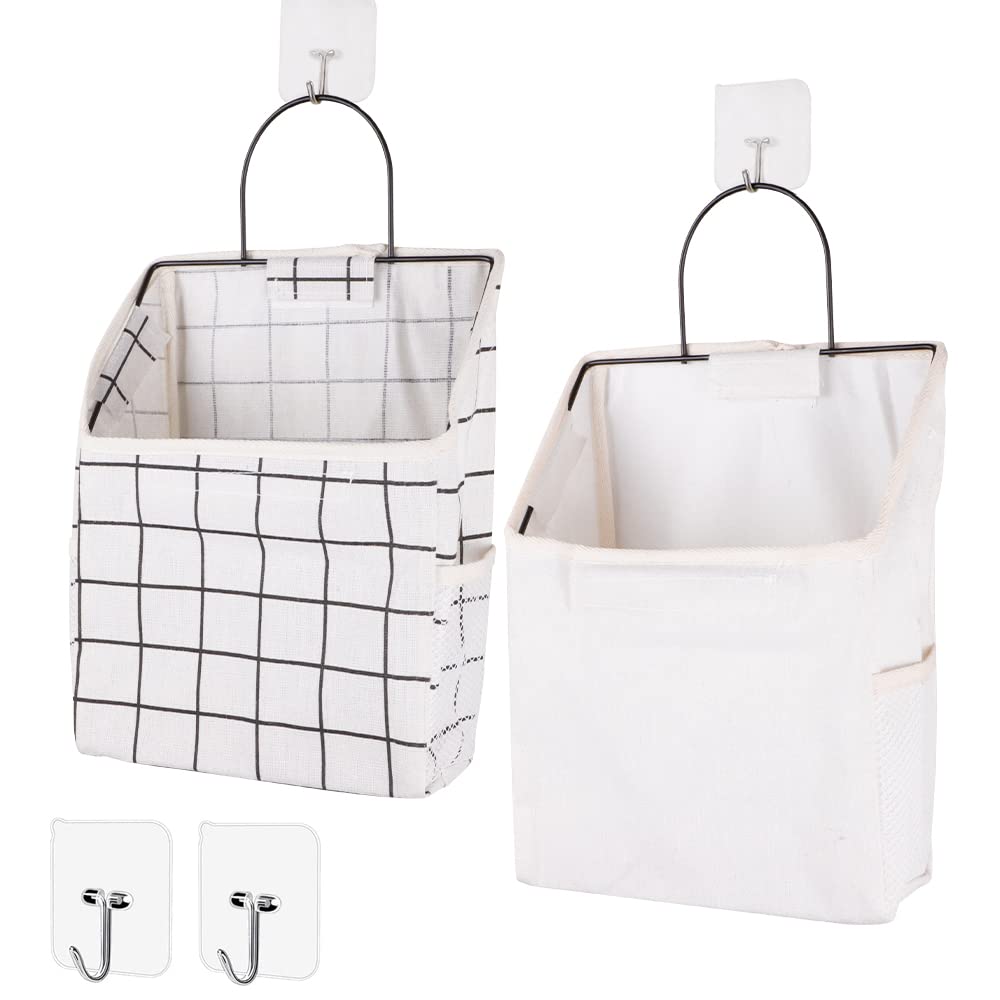 2Pcs White Plaid Fabric Wall Hanging Storage with Hook, Hanging Waterproof Storage Bags with Side Mesh Pockets, Stylish Hanging Storage Pouches for Bedroom, Bathroom, Kitchen
