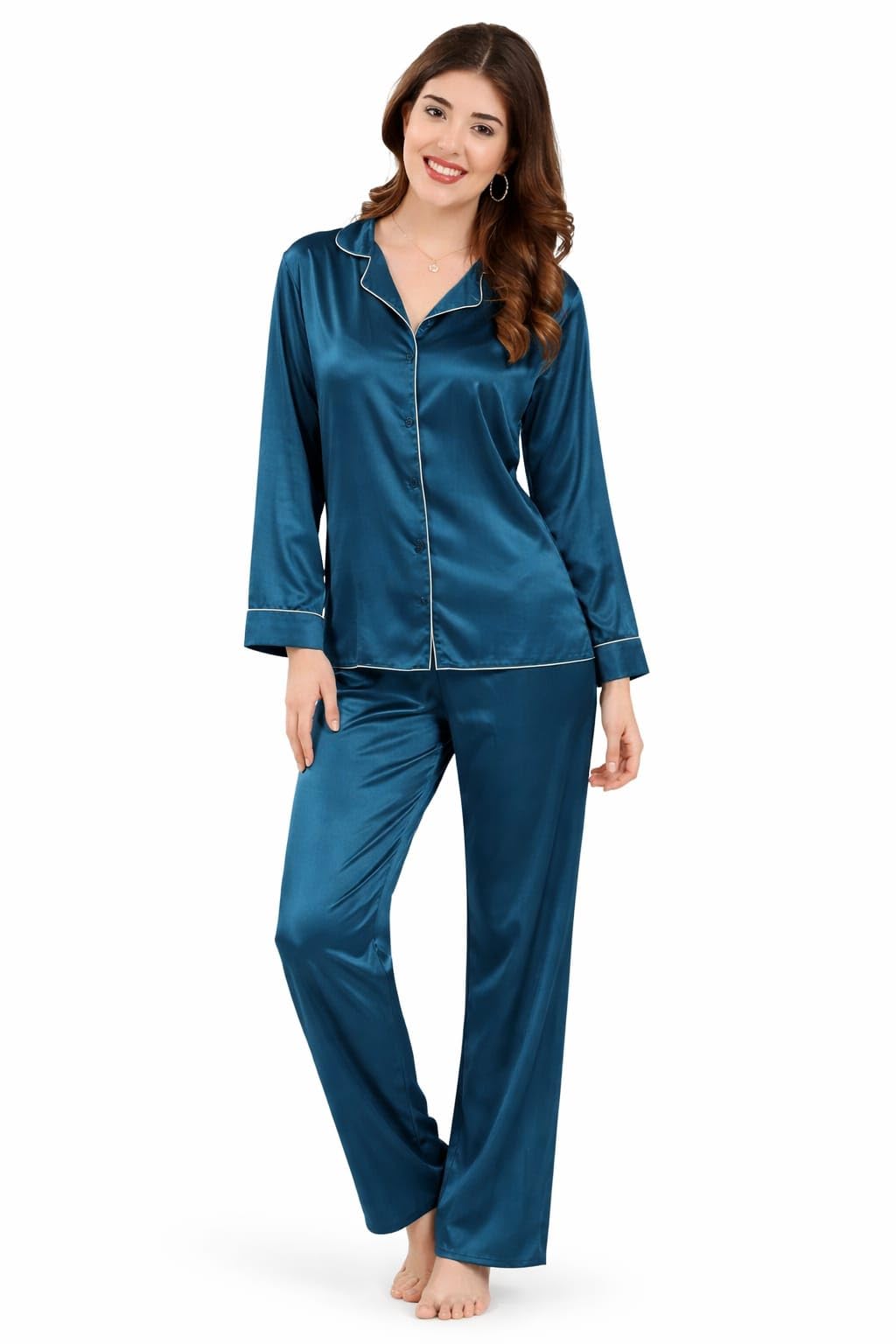Women's Premium Soft Silk-Feel Satin Nightsuit, Teal Green, Medium-image-26