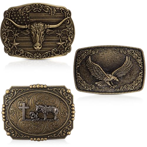 Image of Suncalla 3 Pcs Western Rodeo Belt Buckle for Men Women Cross Cowboy Cowgirl Vintage Longhorn Kneeling Horse Bull eagle