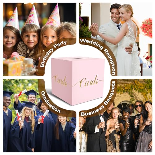 Image of Light Pink Card Box for Party, Box for Cards with Gold Foil Embossed Design 9 x 9 x 9 Inch Card Box for Wedding Reception Birthday Bridal Baby Shower Raffle
