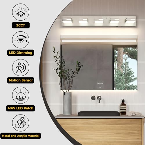 Image of 5-Light LED Bathroom Vanity Light, 32-Inch Brushed Nickel | Vanity Light Fixture with Wireless Motion Sensor, 3CCT Dimmable Lighting Over Mirror, Adjustable Acrylic Heads