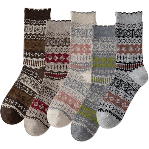 Image of IIG 3-5 Pairs Womens Vintage Cozy Crew Socks Soft Cute Neutral Cotton Socks Exquisite Patterns Socks Gift