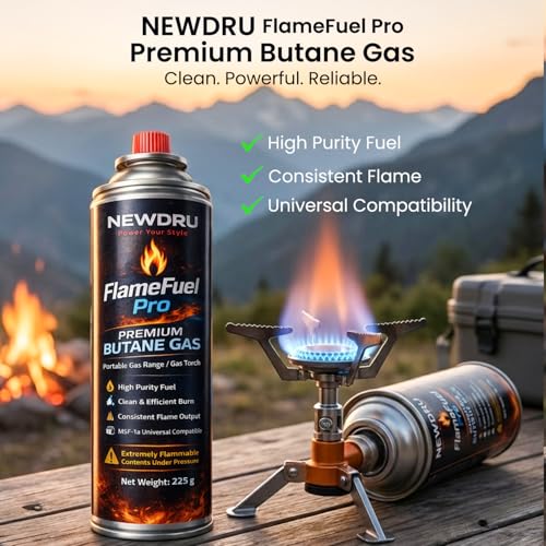 Image of NEWDRU FlameFuel Pro Butane Gas Canister - 1 Can (225g) | MSF-1a Universal Fit with Adapter | High-Pressure Clean-Burn Fuel for Camping Stove, Portable Cooker, Welding Torch & Lighter