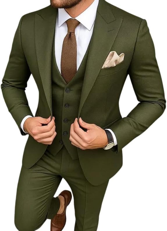 Men Suit Olive Green 3 Piece Formal Fashion Party Wear Wedding Groomsmen Dinner Prom Suits