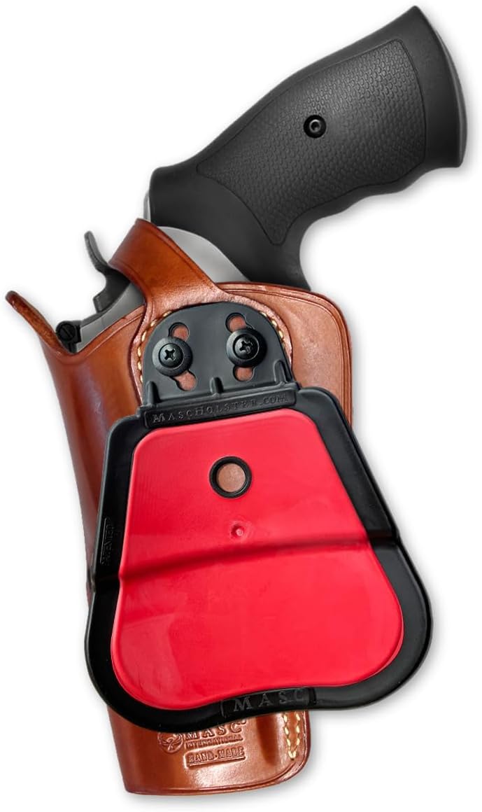 Masc OWB Leather Paddle Revolver Holster with Retention Strap, Fits Model 686 Plus .357 Mag 7-Shot 4-inch, Right Hand Draw Brown Color #1509#