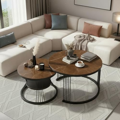 Image of RIZIK Store Iron Frame Handmade 20.5 inch x 20.5 inch Round Coffee Table /Nesting Table /Side Table /Center Table with Engineered Wood Top for Living Room /Drawing Room /Balcony (Brown Black)