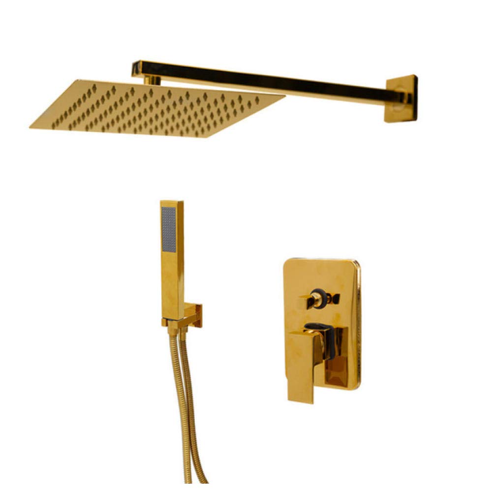 ASerZenith 8 Inch Gold Plate Solid Brass Wall Ceiling Mount Rainfall Bathroom Shower Set Height Handheld Bathtub Mixer Tap Faucet