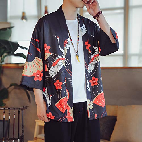 Image of PRIJOUHE Men's Lightweight Kimono Jacket Seven Sleeve Open Front Cardigan Coat Japanese Style Bathrobe