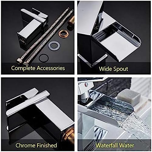 Robinet de lavabo de bain chromé poli brillant au fini miroir et design cascade contemporain