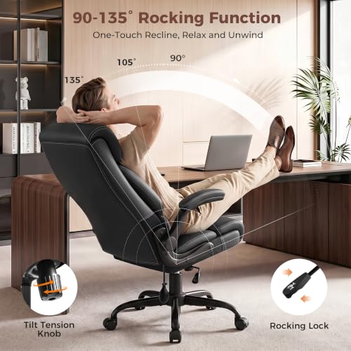 Image of Ergonomic Office Chair with Lumbar Support, Executive Leather Computer Desk Chair with Flip Up Arms & Rocking Function, High Back Big and Tall Comfortable Gaming Chair for Home Office, Black