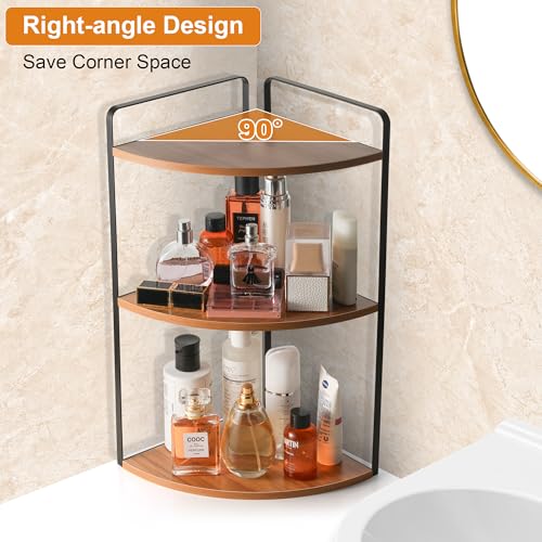 Image of 3 Tier Corner Bathroom Counter Organizer, Countertop Organizer, Makeup Organizer Countertop, Bathroom Storage Sink Shelf, Wooden and Metal Counter Shelf (Light Brown)