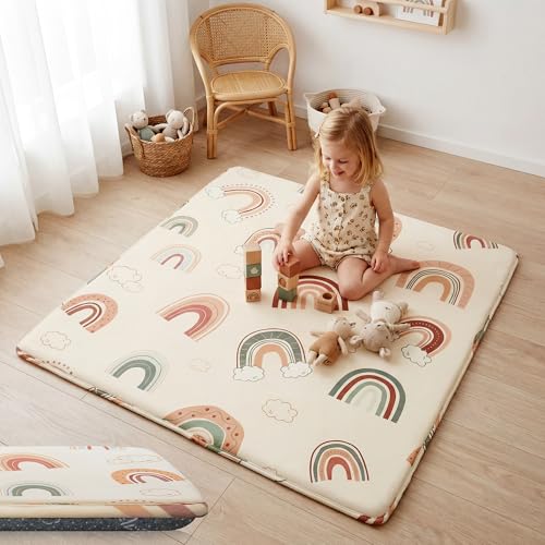 Image of 1.5 inch Extra Thick Baby Play Mat, 50x50 Memory Foam Play Mat, Rainbow | Ultra Soft, Non-Slip Backing, Water-Repellent, Skin-Friendly for Baby, Padded Cushioned, Tummy Time Crawling for Nursery