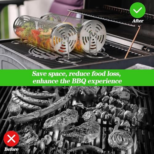 2 Stücke Edelstahl 304 Große Runde Grillkörbe mit Halterung und Reinigungsbürste, Rollender Grillkorb für Gemüse, Fisch, Gemüse, Geschenke für Männer/Papa