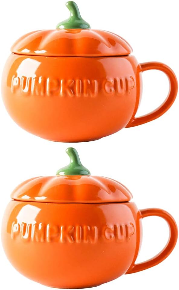 Yardwe 2 tazas de cerámica de calabaza para Halloween, taza de café con tapa, taza de desayuno para leche, zumo, café (naranja)