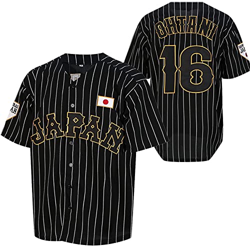 Mens Ohtani 16# Stitched Japan Baseball Jerseys White Black Pinstriped Shirts (Black,X-Large)