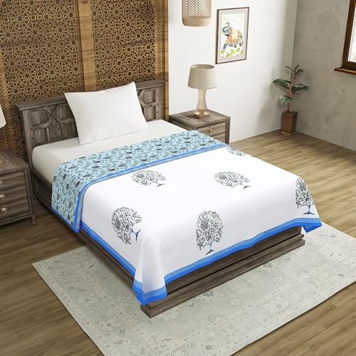 Image of BLOCKS OF INDIA Hand Block Printed Cotton Single Size Reversible Malmal Dohar for Summer (Blue Tree of Life)