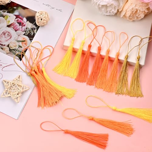 Image of NACHLYNN 120 Pcs Bookmark Tassels Bulk 13cm /5 Inch Silky Handmade Soft Craft Mini Tassels for Jewelry Keychain Making with Loops for Dress Decoration DIY Craft Accessory (Yellow Series)