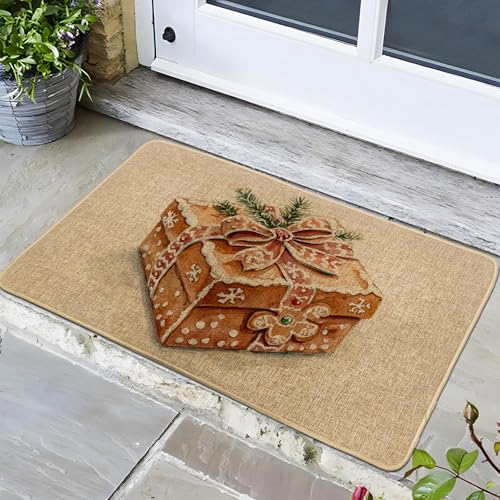 Zerbino con scatola regalo di pan di zenzero, decorazione stagionale per le vacanze, tappetino da ingresso, design natalizio marrone, per interni ed esterni, antiscivolo, facile da pulire, 73 x 43 cm