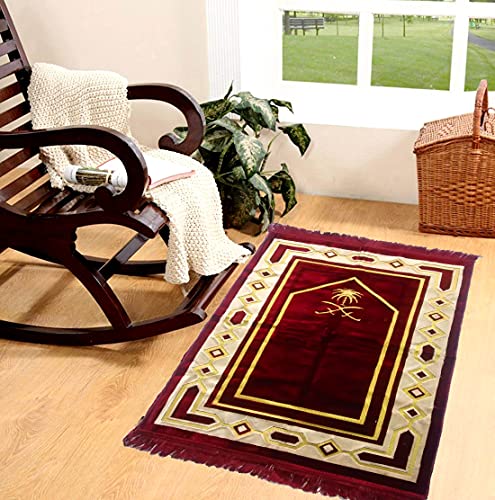 Image of Weavers Villa Prayer Mat /Aasan /Meditation Mat - Velvet Mat for Pooja, Meditation, Namaz - Maroon 70cm X 110cm - Perfect Aasan for Puja /Prayer - Floor Mat for Sitting, Multipurpose Rug