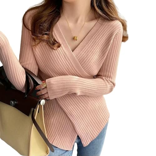 JGDSDMJG Ropa Mujer Camiseta De Jersey De Punto Camiseta De Manga Larga Ajustada Blusa Elástica Cruzada De Cuello V Blusa De Punto para Mujeres-453 Rosa-l