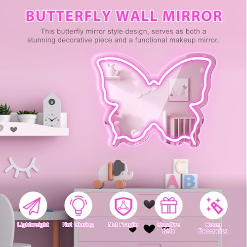 Image of Butterfly Neon Sign Mirror, LED Neon Sign for Wall Decor, 15.7'' x 12'' Dimmable Neon Light for Teen Girls & Kids Birthday Party Gift, Neon Signs for Girl Room Decor, Wall Mirror, USB Powered (Pink)