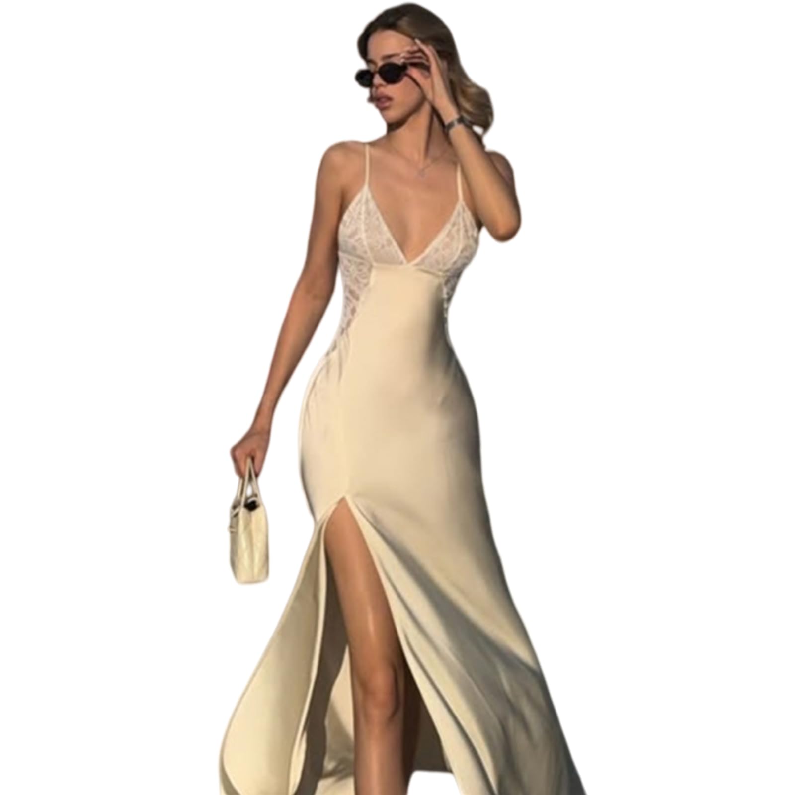 Robe Femme Femmes Panneau De Dentelle en Satin Maxi V Cou Cuisse Fente Soirée, Insérer Spaghetti Sangle Satin-white-l-170