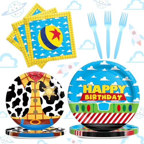 Party Inspo Cartoon Birthday Party Supplies for Boys Tableware Set, Toy Inspired Story Themed Decorations, Blue Cloud Plates, Napkins, Forks, Serves 24 Guests