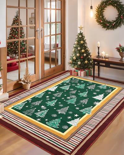 GarveeHome Christmas Rug for Living Room, 6x9 Area Rugs for Bedroom with Soft Low Pile, Christmas Tree and Snowflake Print Washable Rug for Dining Room, Stain Resistant Office Playroom Green Carpet