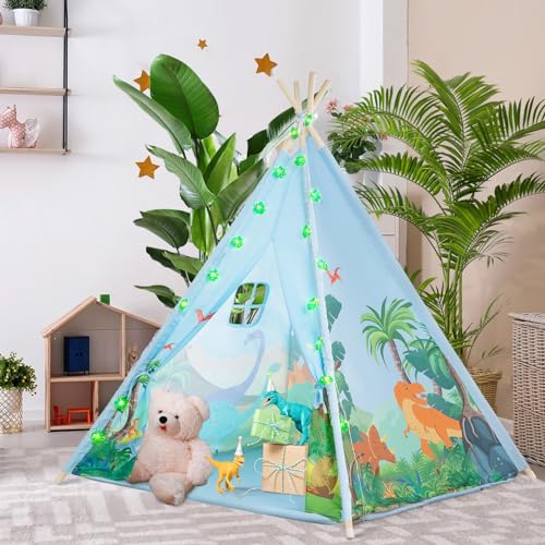 BRINJOY Teepee Tent for Kids, Toddlers Dinosaur Play Tent with LED String Lights, Foldable Children Teepee Tent Toy w/Storage Bag, Indoor Outdoor Pretend Playhouse Gift for Boys Girls Ages 3+ - Thumbnail 5