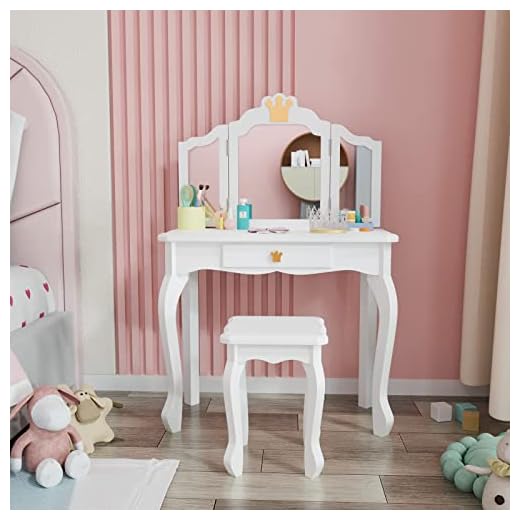 JOYMOR Kids Princess Vanity Table and Chair Set, Kids Vanity Set with Drawer & Tri-Folding Mirror, 2 in 1 Makeup Dressing Table with Detachable Top, Pretend Beauty Play Vanity Set for Girls (White)