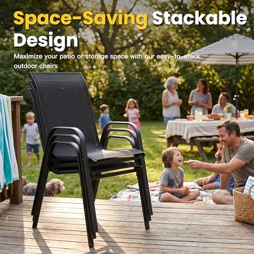 Image of VICLLAX Patio Dining Set for 6, All Weather Metal 7 Pieces Patio Set-63 Rectangle Outdoor Table and Stackable Chairs for Lawn Garden and Backyard, Black Tabletop