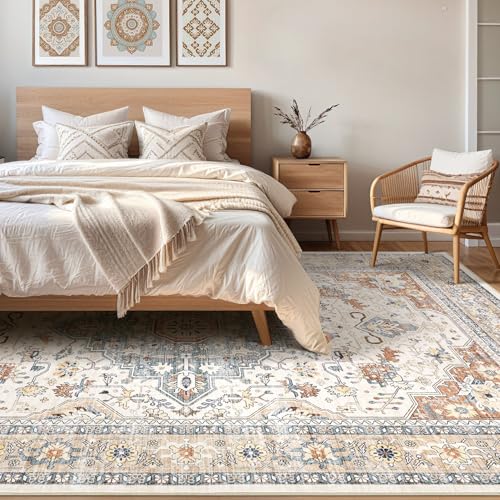 7x9 Area Rug Living Room: Washable Boho Large Neutral Vintage Soft Rug Stain Resistant Distressed Farmhouse Non-Slip Indoor Floor Carpet for Bedroom Nursery Kids Office Dining Room- Beige Blue