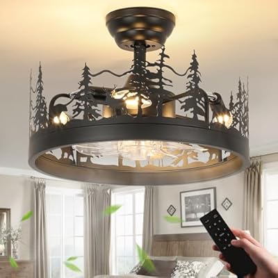 Merexcint Farmhouse Rustic Ceiling Fan with Light and Remote, Black Chandelier Fan with Bear and Deer Design, Adjustable Height, Rustic Chandeliers for Living Room, Bedroom, Hallway, Entryway Lighting