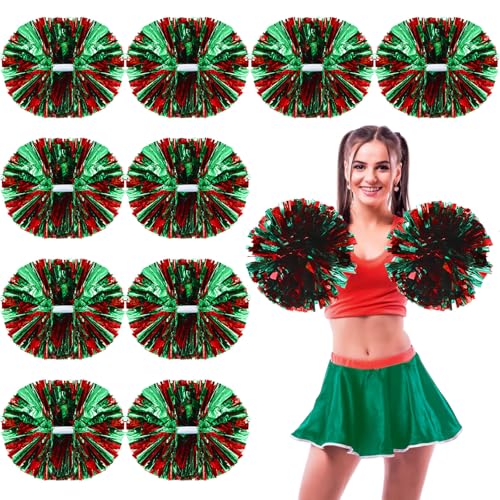 WILLBOND 12pcs Cheerleading Pom Poms Bulk Metallic Foil Cheerleader Pompoms with Baton Handle for 2026 Soccerball Basketball Cheering Squad Team Game Sports Dance Party Spirit (Red Green)