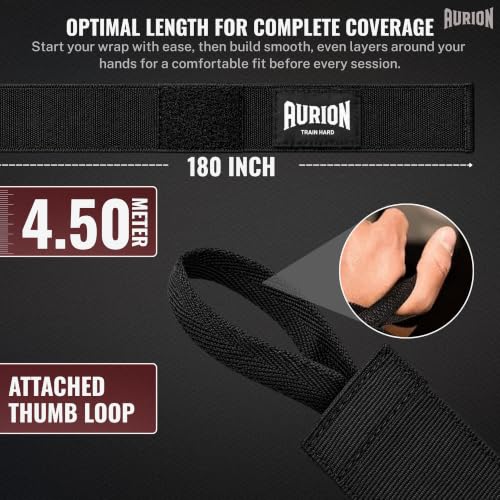 Image of Aurion 4.5 Meter Boxing Hand Wraps (180 Inch) | Professional Elastic Polyester-Cotton Handwrap for Boxing, MMA, Muay Thai & Heavy Bag | Durable Wrist & Knuckle Protection | Black (Pair)