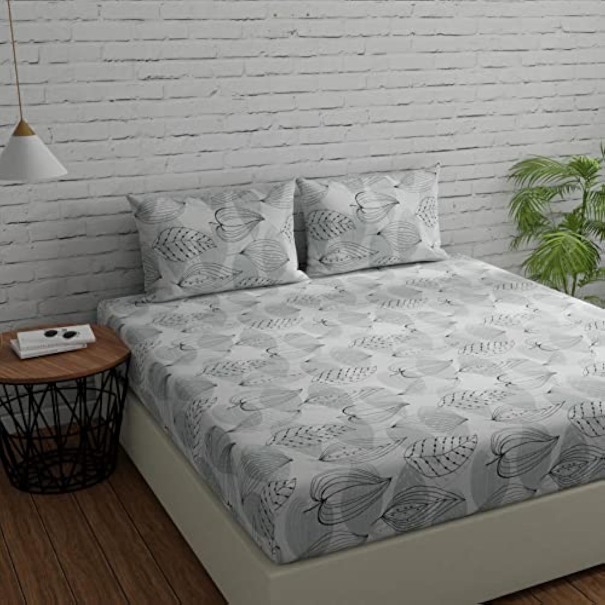 Cotton 144 TC Double Bed Bedsheet with 2 Pillow Covers, Grey & Black