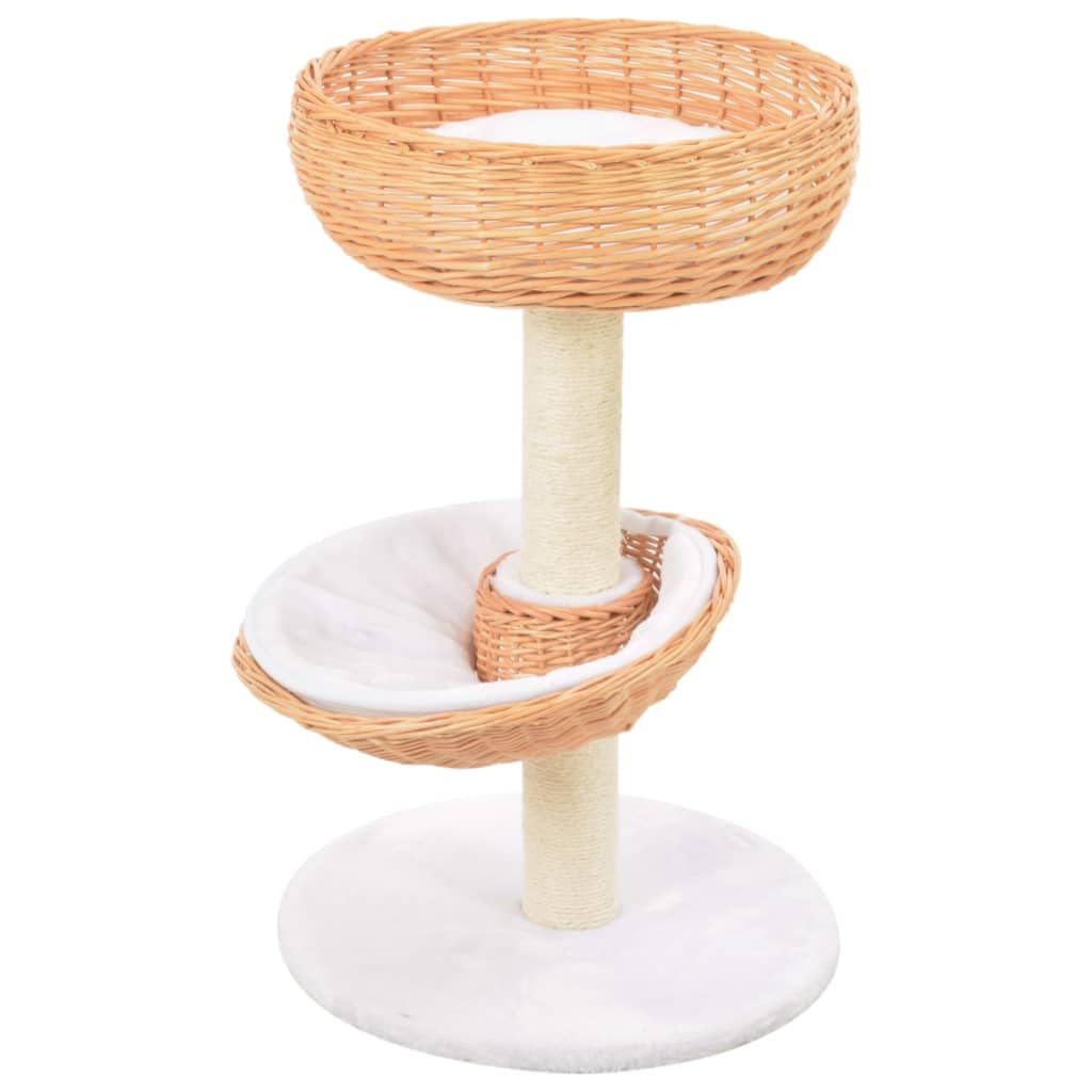 Kratzbaum Naturholz mit 2 Weidenkörben Katzenkratzbaum 68 cm | Kompakter Katzenkratzbaum aus Weide und Sisal für das Wohnzimmer, inklusive 2 Liegekörben und Kissen.