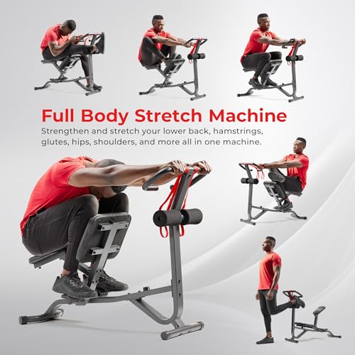 Sunny Health & Fitness Full Body Stretch Machine, Versatile Padded Trainer Back Stretcher, Stretching Equipment with Pivoting Seat, Self-Leveling Pedals, and Multi-Use Handlebar - SF-BH621002