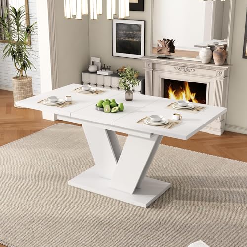 Solisburne Mesa de Comedor Extensible 120/160 x 80 cm para 4-6 Personas, Mesa Rectangular Blanca con Tablero Grueso y Patas en V, diseño Sencillo y Moderno