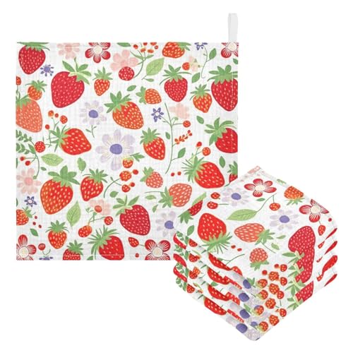 Jihqo Baby Washcloths 5 Pack Strawberry Red Face Towel 12x12 Soft Absorbent Muslin Towels for Newborns Cotton Baby Wipes