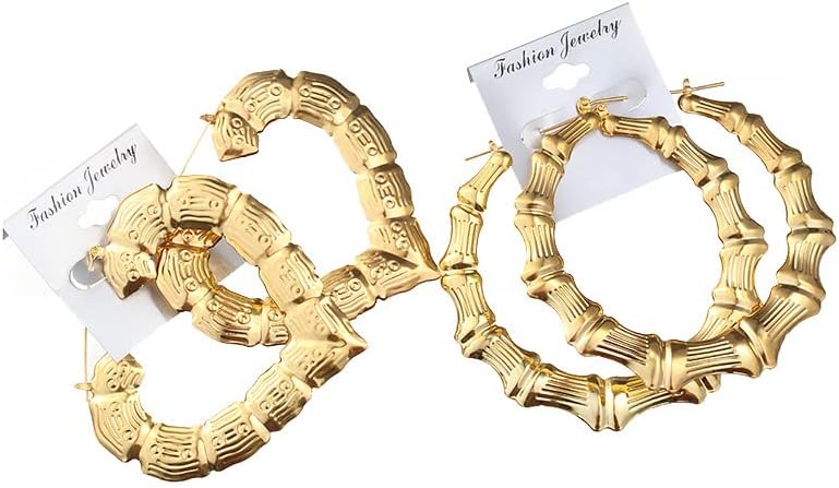 6 Pairs Large Bamboo Shaped Hoop Earrings Set Gold Plated Statement Hip-Hop Earrings for Women Jewelry - Image 5