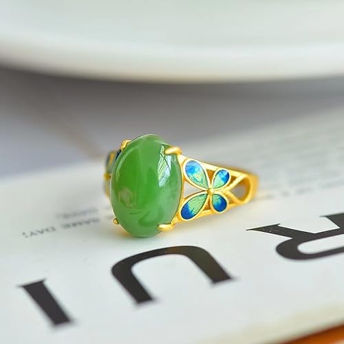 Miniatura 4 de Anillo de mariposa esmaltada vintage para mujer, piedra de ágata simulada verde, anillo ajustable de tono dorado floral